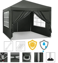 Outlet Rootz Gazebo Pop-Up-tält - Vattentät Pagoda - Solskydd - UV-skydd, Regnbeständig, Enkel installation - Metall och 210D Oxford-tyg - 3 x 3 m Grå Tält & Lusthus