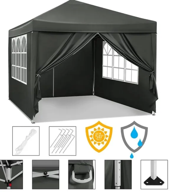 Outlet Rootz Gazebo Pop-Up-tält - Vattentät Pagoda - Solskydd - UV-skydd, Regnbeständig, Enkel installation - Metall och 210D Oxford-tyg - 3 x 3 m Grå Tält & Lusthus