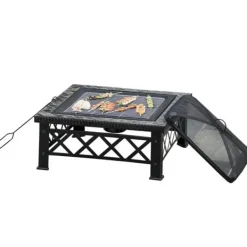 Rootz 3-i-1 Eldstad - Eldstad med gnistskydd - Grillgaller - Ishink - Trädgård - BBQ - Svart 76 x 76 x 47 cm