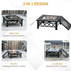 Rootz 3-i-1 Eldstad - Eldstad med gnistskydd - Grillgaller - Ishink - Trädgård - BBQ - Svart 76 x 76 x 47 cm