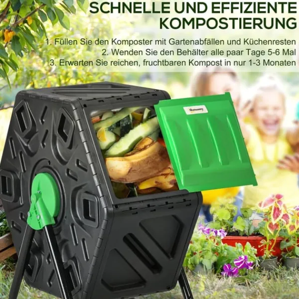 Outlet Rootz 65L Compost -behållare - roterbar komposter - termisk kompostfack - näringsrik kompost - 60x49x77cm - grön+svart Kompostering