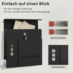 Rootz Mailbox med tidningsutrymme - Letterbox - Wall Mount Post Box - Waterproof - 37x37x10,5 cm svart