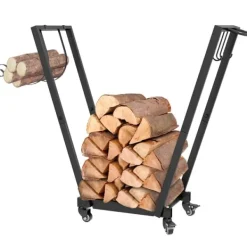 Rootz Trapetsformad vedförvaringshylla - Metallstockhållare - Pulverlackerad - Dekorativ design - Upphöjd trähylla - Mobila hjul - 79cm x 30cm x 81cm | CDON