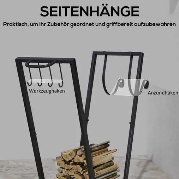 Rootz Trapetsformad vedförvaringshylla - Metallstockhållare - Pulverlackerad - Dekorativ design - Upphöjd trähylla - Mobila hjul - 79cm x 30cm x 81cm | CDON