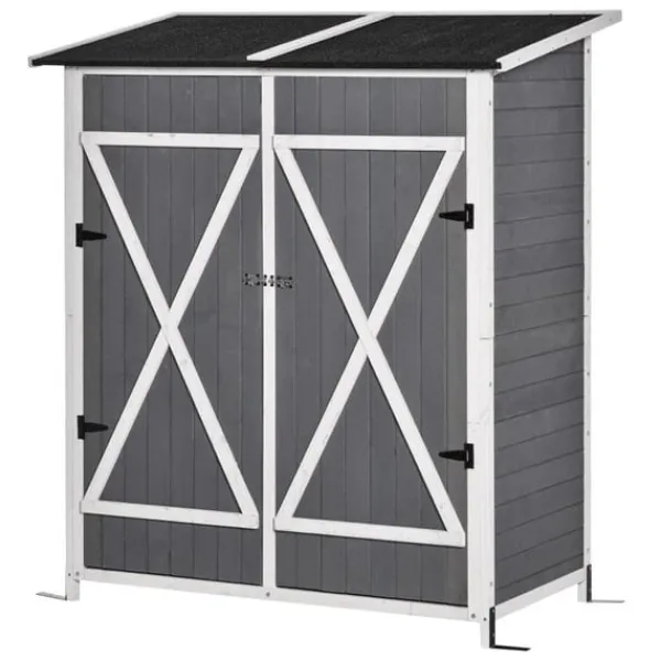 Rootz Verktygsbod - Trädgårdsskåp - 2 dörrar - Verktygsskåp - Trädgårdsförvaring - Trä - Grå/Vit - 139 x 75 x 160 cm