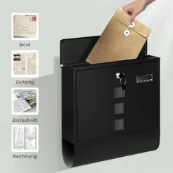 Rootz Wall Mailbox - Outdoor Letterbox - Locking Mail Holder - Rust -resistent, Privacy Secure - 37x37x10.5 cm svart