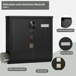 Rootz Wall Mailbox - Outdoor Letterbox - Locking Mail Holder - Rust -resistent, Privacy Secure - 37x37x10.5 cm svart