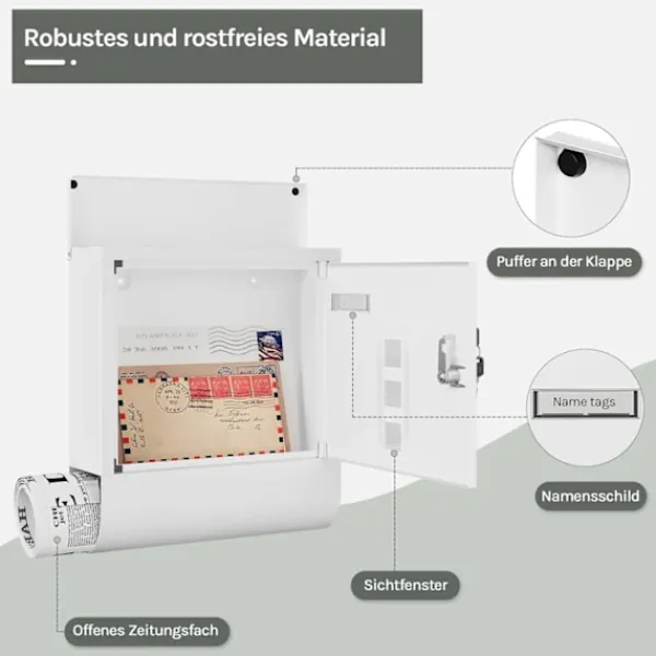 Clearance Rootz White Mailbox - Wall -Moned Post Box - Secure Locking System - Galvanized Steel - 30,6 x 33,5 x 10 cm Postlådor & Brevlådor