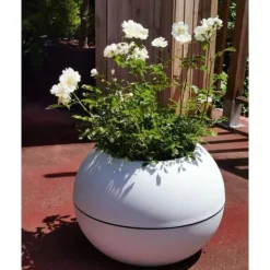 Rund blomlåda - RIVIERA - GRANIT BOULE - Plast - D40 x H28 cm - Vit