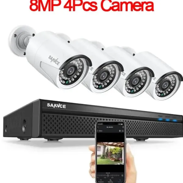SANNCE NVR Övervakningskamerasystem, 8MP Video Upplösning, 8CH POE Stöd,8MP 4st Kamera, Ingen