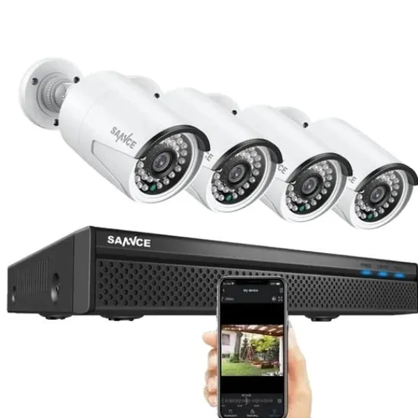 SANNCE NVR Övervakningskamerasystem, 8MP Video Upplösning, 8CH POE Stöd,5MP 4st Kamera, Ingen