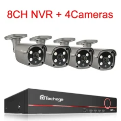 Säkerhetskamerasystem, AI-ansiktsigenkänning, tvåvägsljud,8CH 4 Bulletkamera, 1T