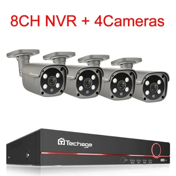 Säkerhetskamerasystem, AI-ansiktsigenkänning, tvåvägsljud,8CH 4 Bulletkamera, 1T
