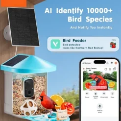 Smart fågelmatare med AI-kamera, identifierar fågelarter, solenergi, automatisk matning, hållbarhet, fågelskådning