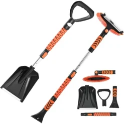 Snöborste & isskrapa - Set 3-i-1 med snöskyffel - Teleskopisk 107 cm - Vridbart 180° borsthuvud - Halkfritt handtag - För bil, SUV, lastbil