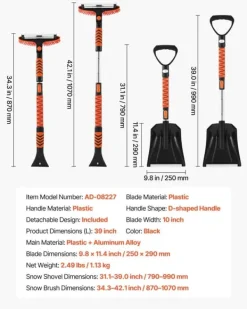 Snöborste & isskrapa - Set 3-i-1 med snöskyffel - Teleskopisk 107 cm - Vridbart 180° borsthuvud - Halkfritt handtag - För bil, SUV, lastbil