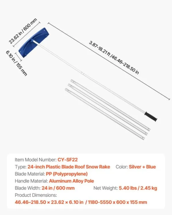 New Snöraka för tak/Taksnöskrapa - Teleskopisk - PP-plastblad 60 cm - Räckvidd 1,18–5,55 m - Med hjul - Halkfritt handtag - Lätt - För snö och löv Snöborttagning