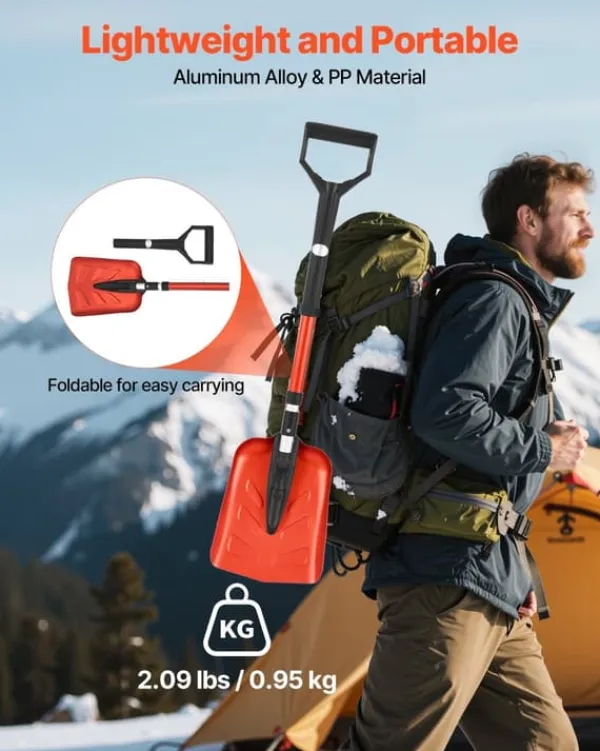 Hot Snöskyffel - Hopfällbar - Blad 22 cm - Justerbar längd 91–102 cm - D-handtag - Lätt aluminiumlegering - Ergonomisk Snöborttagning
