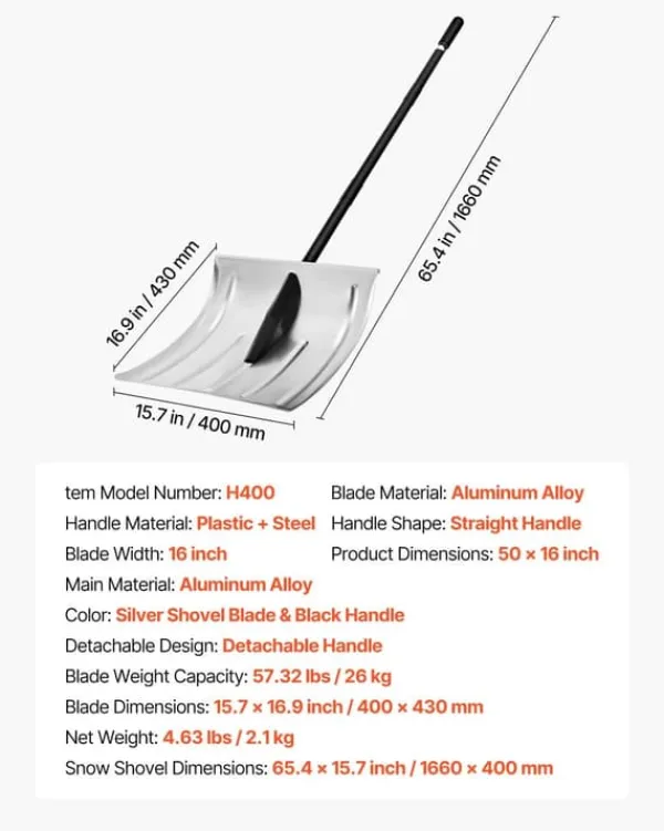 Outlet Snöskyffel - Snöskovel 40 cm - Aluminiumlegering - Halkfritt Grepp - Lätt - Avtagbart Skaft - Stor Kapacitet - För Uppfart Snöborttagning