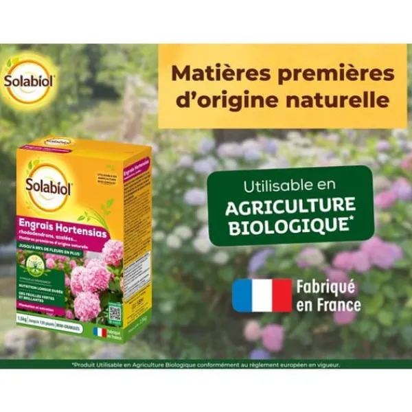 Outlet SOLABIOL SORHOY15 Gödselmedel för hortensia, rhododendron, azaleor och kamelia 100 % ekologiskt | Långvarig verkan, 1,5 kg Gödningsmedel