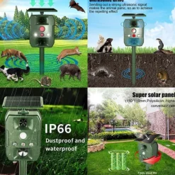 Solcellsdriven skadedjursskrämma med ultraljud, rörelsesensor och ljud Insektsmedel & Djuravvisande Medel