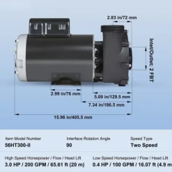 Hot Spa-pump 1600W, dubbel hastighet 39 m³/h, 400W 19 m³/h, 2 In/5,6 cm kontakter, överhettningsskydd, läckageskydd, 90° rotation Spa & Utomhusbad