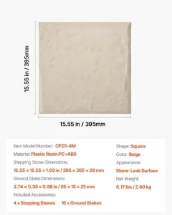 Stegstenar - 4-pack Gångplattor 39,5 x 39,5 cm - Med Pålar - Väderbeständiga - Plast - Slät Yta - För Gräsmatta och Terrass - Beige