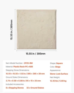 Stegstenar och gångplattor för trädgård - Set om 8 - Mått 39,5 x 39,5 cm - Med pålar - Väderbeständig plast - Slät yta - Beige