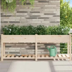 Sale Stort rektangulärt trädgårdsplanterare med hylla i massivt trä | Storlek: 203x53x76 cm | Färg: Naturligt trä Planteringsbänkar