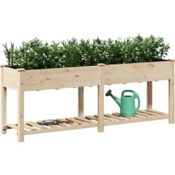 Sale Stort rektangulärt trädgårdsplanterare med hylla i massivt trä | Storlek: 203x53x76 cm | Färg: Naturligt trä Planteringsbänkar