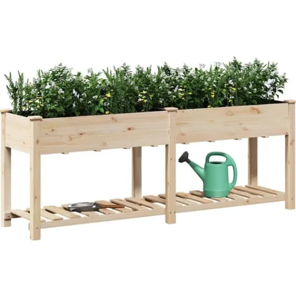 Sale Stort rektangulärt trädgårdsplanterare med hylla i massivt trä | Storlek: 203x53x76 cm | Färg: Naturligt trä Planteringsbänkar