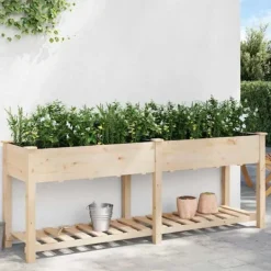 Sale Stort rektangulärt trädgårdsplanterare med hylla i massivt trä | Storlek: 203x53x76 cm | Färg: Naturligt trä Planteringsbänkar