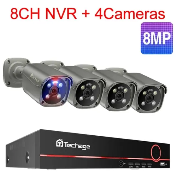New Techage säkerhetskamerasystem, 8-kanals NVR, AI mänsklig detektion,8CH 4St 8MP Kamera, 3T (utomhussport) Säkerhetsmonitorer & Videokameror