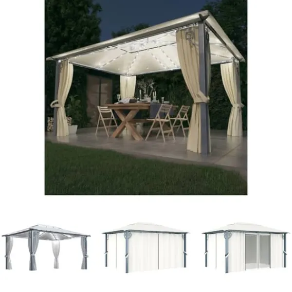 The Living Store Paviljong med gardin & ljusslinga LED 4x3 m gräddvit aluminium - Partytält & paviljoner