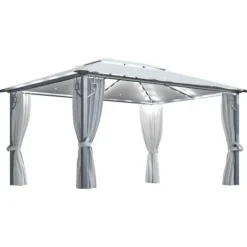 The Living Store Paviljong med gardin & ljusslinga LED 4x3 m gräddvit aluminium - Partytält & paviljoner
