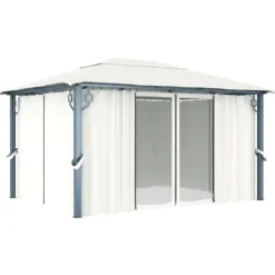 The Living Store Paviljong med gardin & ljusslinga LED 4x3 m gräddvit aluminium - Partytält & paviljoner
