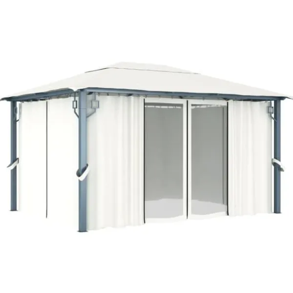 The Living Store Paviljong med gardin & ljusslinga LED 4x3 m gräddvit aluminium - Partytält & paviljoner