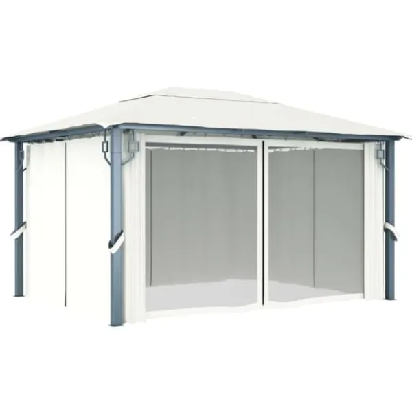 The Living Store Paviljong med gardin & ljusslinga LED 4x3 m gräddvit aluminium - Partytält & paviljoner