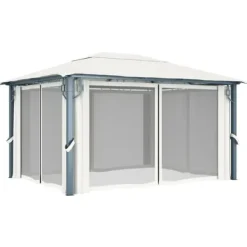 The Living Store Paviljong med gardin & ljusslinga LED 4x3 m gräddvit aluminium - Partytält & paviljoner