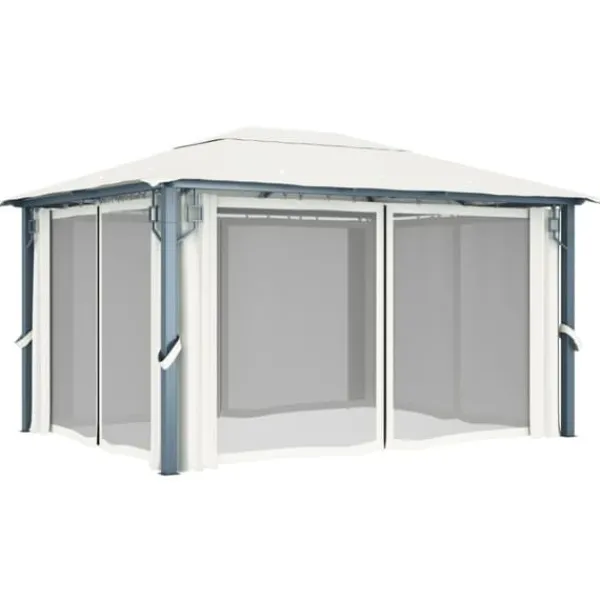 The Living Store Paviljong med gardin & ljusslinga LED 4x3 m gräddvit aluminium - Partytält & paviljoner