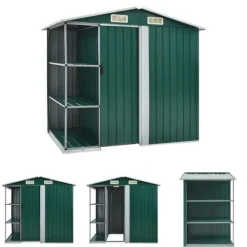 The Living Store Trädgårdsbod med hylla grön 205x130x183 cm järn - Förråd & Redskapsbodar Skjul, Garage & Carports