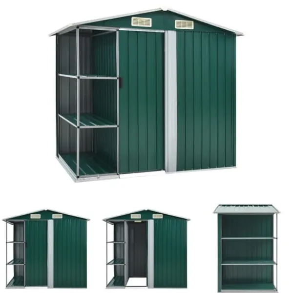 The Living Store Trädgårdsbod med hylla grön 205x130x183 cm järn - Förråd & Redskapsbodar Skjul, Garage & Carports