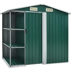The Living Store Trädgårdsbod med hylla grön 205x130x183 cm järn - Förråd & Redskapsbodar Skjul, Garage & Carports