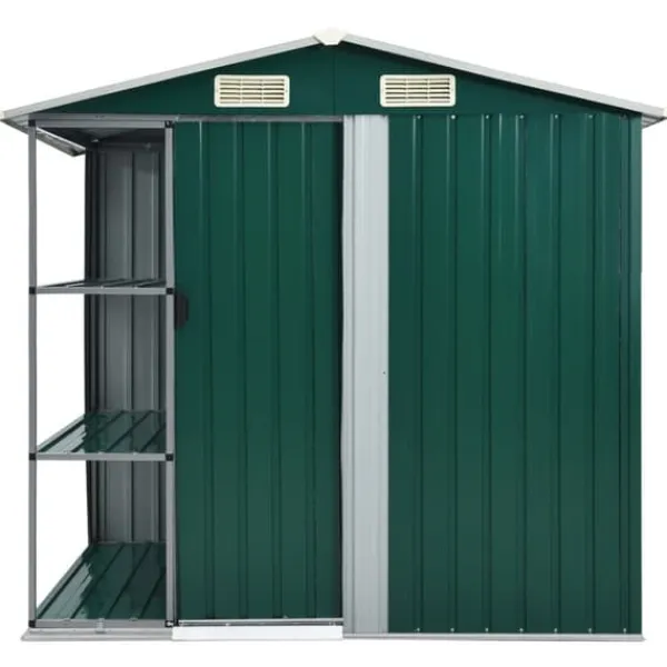 The Living Store Trädgårdsbod med hylla grön 205x130x183 cm järn - Förråd & Redskapsbodar Skjul, Garage & Carports