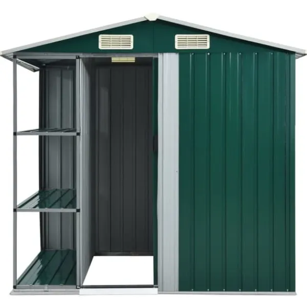 The Living Store Trädgårdsbod med hylla grön 205x130x183 cm järn - Förråd & Redskapsbodar Skjul, Garage & Carports