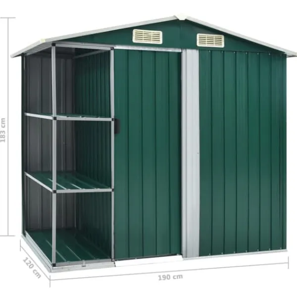 The Living Store Trädgårdsbod med hylla grön 205x130x183 cm järn - Förråd & Redskapsbodar Skjul, Garage & Carports