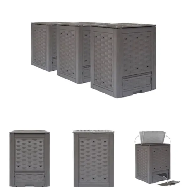 The Living Store Trädgårdskompost 3 st brun 60x60x83 cm 900 L plastrotting - Komposterare