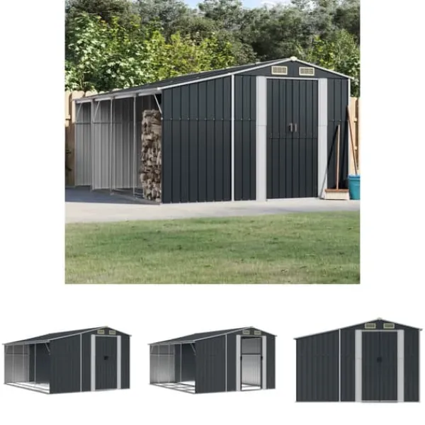 New The Living Store Trädgårdsskjul antracit 277x365,5x179 cm galvaniserat stål - Förråd & Redskapsbodar Skjul, Garage & Carports