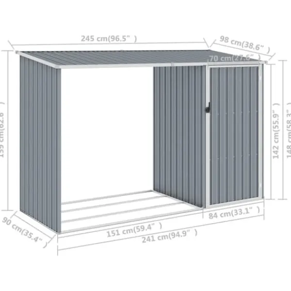 New The Living Store Vedskjul grå 245x98x159 cm galvaniserat stål - Förråd & Redskapsbodar Skjul, Garage & Carports