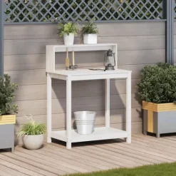 The Living Store Växtbord med hyllor vit 82,5x50x109,5 cm massiv furu - Växtställ
